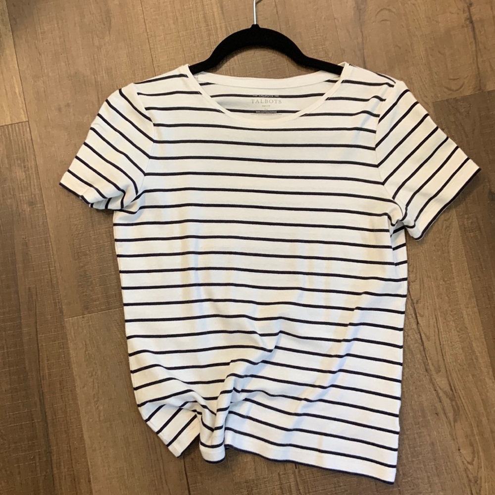 Talbots size Small Petite White and Blue striped knit shirt.